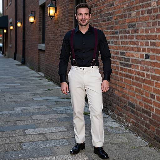 Photograph of a smiling, handsome man with dark hair, black shirt, white pants, and black suspenders, standing on a brick alleyway at