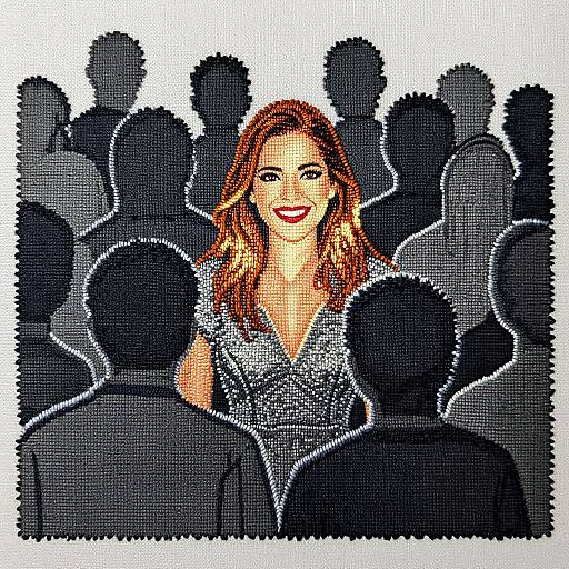 Colorful cross-stitch portrait of a smiling woman with red hair, wearing a sparkly dress, surrounded by silhouetted black crowd.