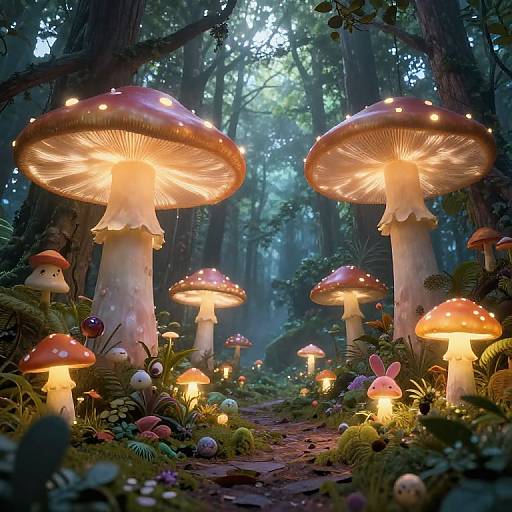 Photorealistic CGI forest scene with glowing, bioluminescent mushrooms, large red-capped and white-stemmed, surrounded by lush greenery
