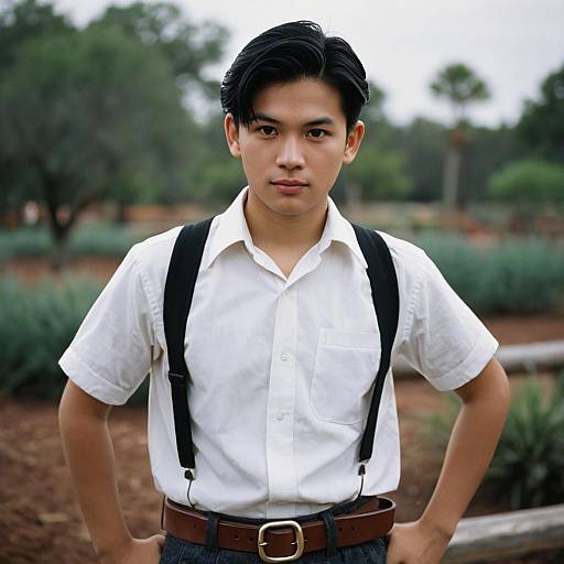 Young Man in White Shirt with Suspenders Outdoors