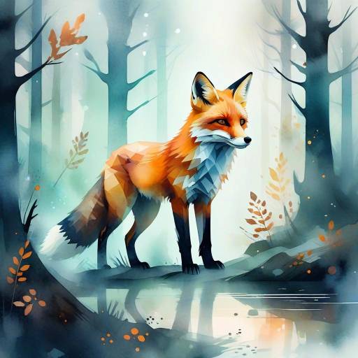 Mystical Android Fox in Watercolor Forest