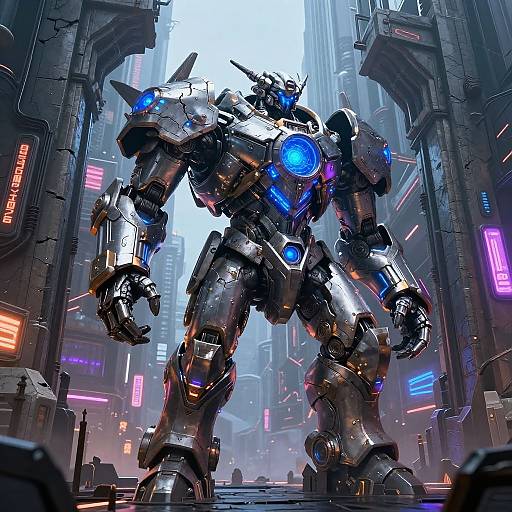 CGI cyberpunk scene featuring a towering, metallic, blue-accented robot standing in a neon-lit, futuristic city street with towering buildings and