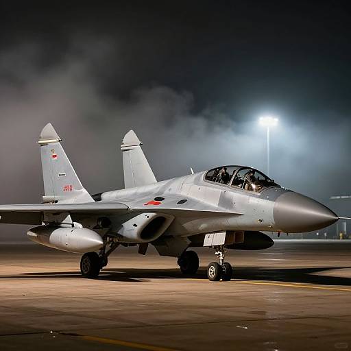 Photograph of a sleek, silver F-16 fighter jet on a nighttime runway, illuminated by bright lights, with foggy background.