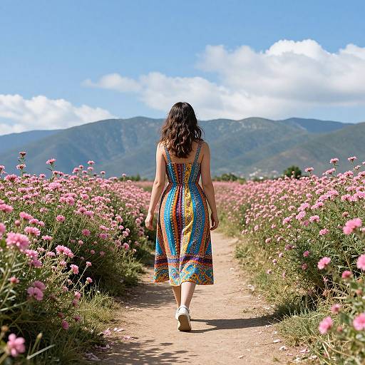 Photograph of a woman with curly brown hair in a colorful, sleeveless dress walking down a flower-lined path to mountains under a blue sky with white