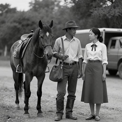 Vintage Couple with Horse in Rural Setting