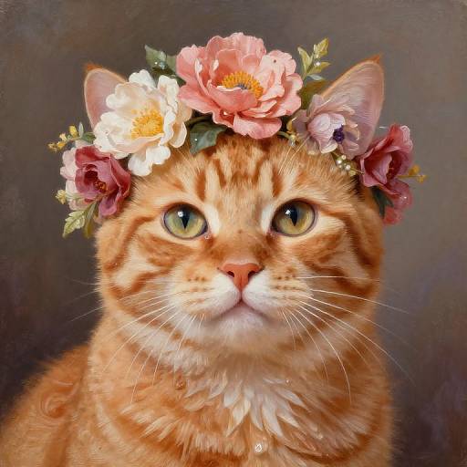Photorealistic digital painting of a cute orange tabby cat with green eyes, wearing a colorful flower crown, against a dark background.