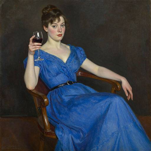 Oil painting of a fair-skinned woman with dark hair in an updo, wearing a blue dress, holding a wine glass, seated on a wooden