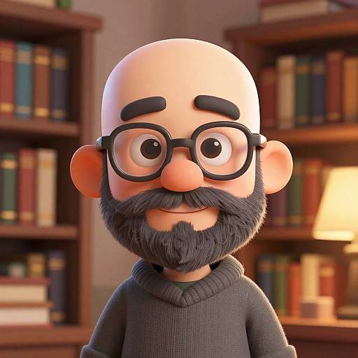 Wise Bearded Cartoon in Cozy Library