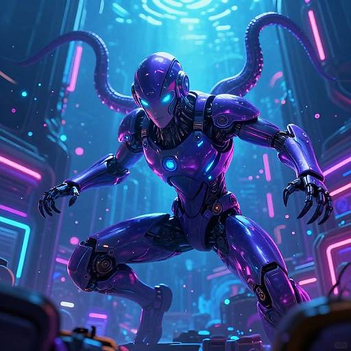 Cybernetic alien with glowing blue eyes and purple metallic armor, crouching in a neon-lit, futuristic cityscape with glowing pink and