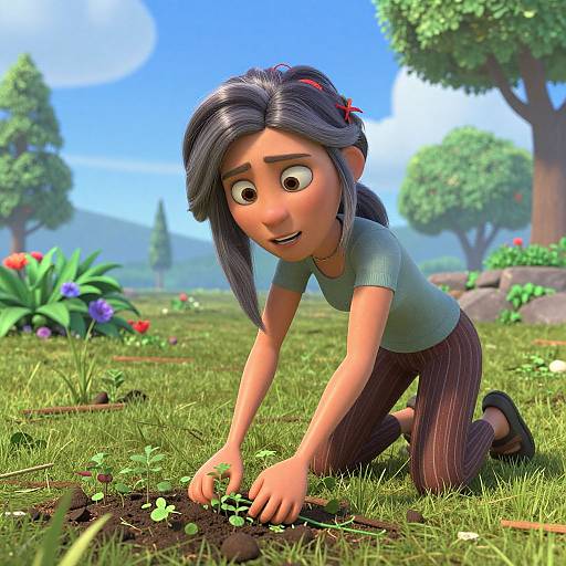 Digital 3D cartoon of a young girl with dark hair, wearing a green shirt and striped pants, kneeling in a vibrant garden, planting small green