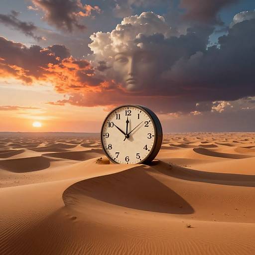 Photograph of a large clock face standing in a vast, orange desert with rippling sand dunes, under a dramatic sunset sky with a cloud featuring