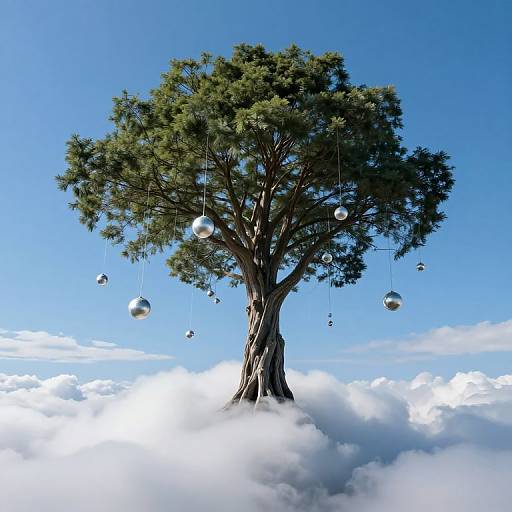 Photograph of a lone, green-leafed tree with silver spheres hanging from its branches, standing amidst fluffy white clouds against a bright blue sky.