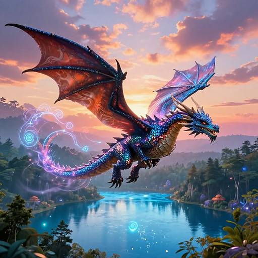 Digital artwork of a glowing, iridescent dragon soaring over a serene, reflective lake at sunset, surrounded by lush forest and vibrant clouds.