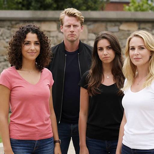 Photograph of four adults standing outdoors; two women in front in pink and white tops, one with curly hair, one with straight, and two men