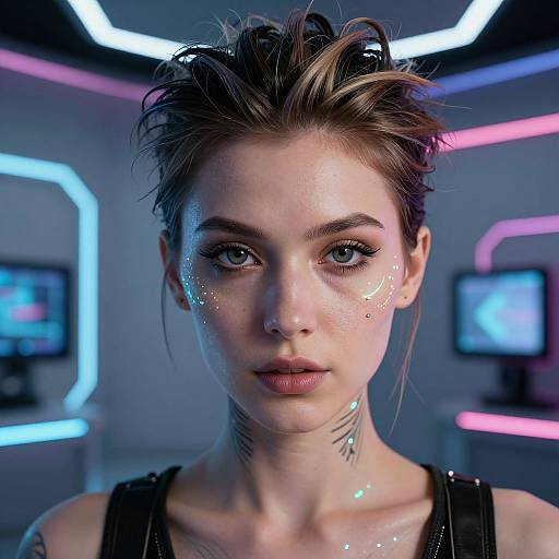 Digital portrait of a young woman with glowing skin, cyberpunk style, neon-lit room, short brown hair, intense gaze, black tank top,