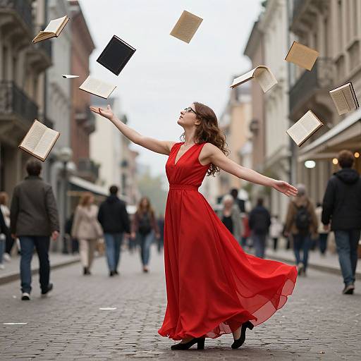 Photograph of a curly-haired woman in a flowing red dress, standing in a busy cobblestone street, magically juggling flying books.
