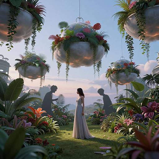 Digital fantasy artwork of a woman in a flowing white dress, surrounded by hanging flower-filled orbs, silhouetted figures, and vibrant tropical plants under