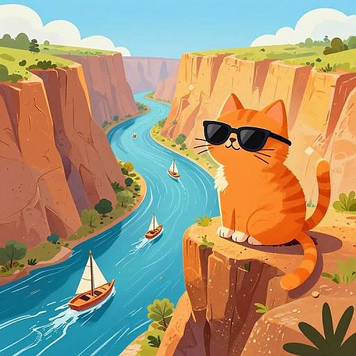 Cartoon orange cat with sunglasses perched on cliff, overlooking vibrant canyon river with sailboats, bright blue water, and sunny sky.