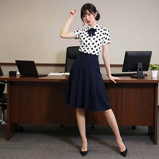 Photograph of an Asian woman in a black polka dot blouse and black skirt, standing confidently in an office, leaning on a wooden desk with two