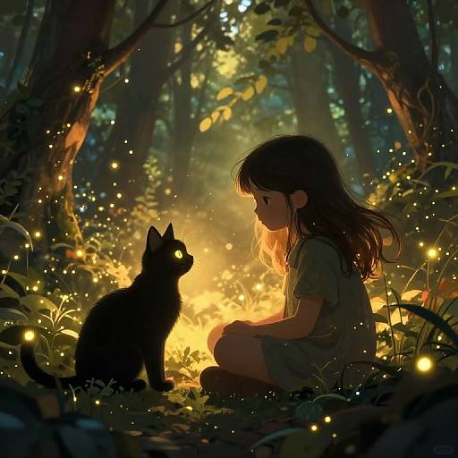 Anime-style digital artwork of a young girl with long brown hair, sitting in a moonlit forest, beside a glowing-eyed black cat, surrounded by fire