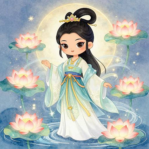 Digital illustration of a cute Asian girl with black hair in a bun, wearing a white and blue traditional dress, standing in a moonlit pond surrounded by