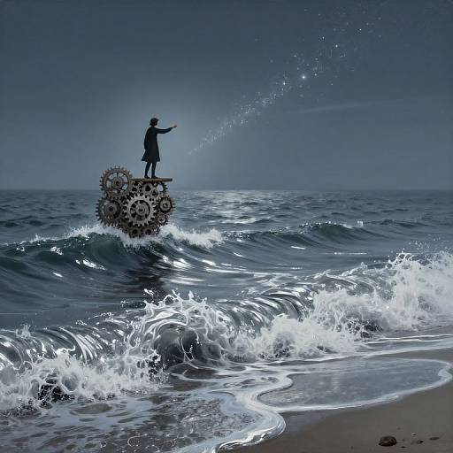 Silhouetted figure on giant gear stands on ocean wave, arm outstretched, water splashing, dark blue sky, surreal digital art.
