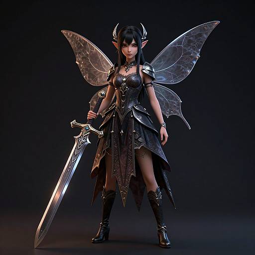 CGI fantasy elf warrior with dark hair, black armor, large transparent wings, holding a glowing sword, standing confidently against a black background.