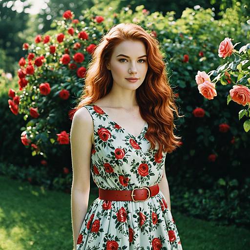 Young Woman in Floral Dress in Rose Garden