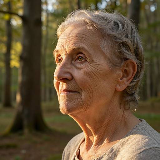 Photograph of an elderly woman with short, gray hair, wrinkled face, and warm smile, standing in a sunlit forest.