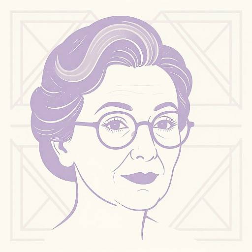 Digital line drawing of an older woman with wavy purple hair, round glasses, and a subtle smile, in a minimalist style.