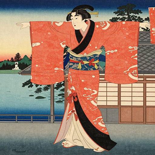 Traditional Japanese Ukiyo-e Garment Scene