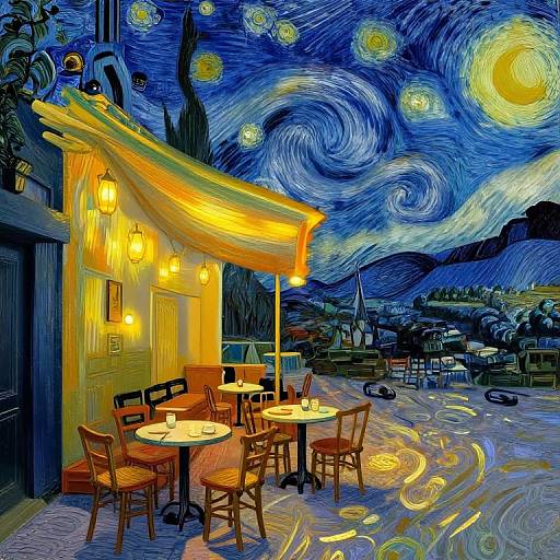 Starry night café scene, vibrant oil painting style: yellow awning, glowing lamps, wooden chairs, tables, swirling blue and yellow sky with stars