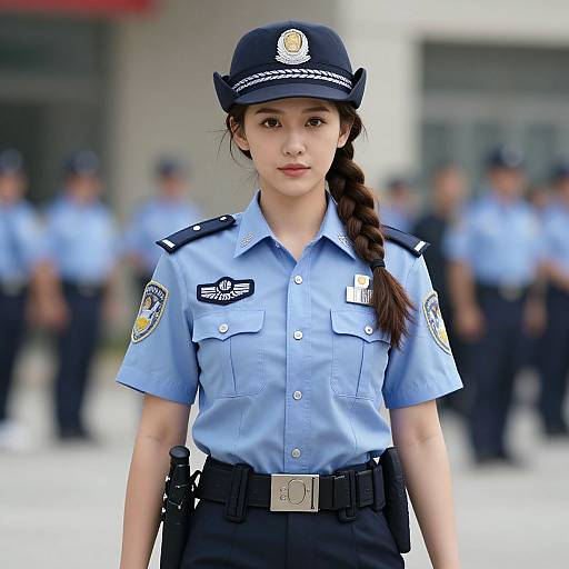 Photograph of an Asian female police officer with a braid, light blue uniform, black cap, badge, and belt, standing in front of blurred
