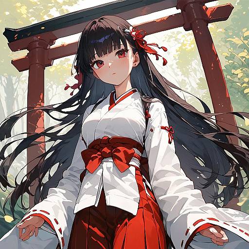 Anime Miko Girl in Forest Shrine
