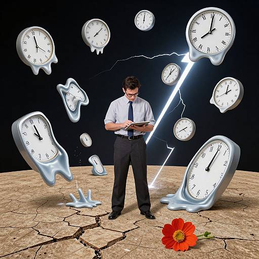 Photograph of a serious man in a white shirt and black tie, surrounded by floating clocks, lightning, and a cracked earth with a red flower.