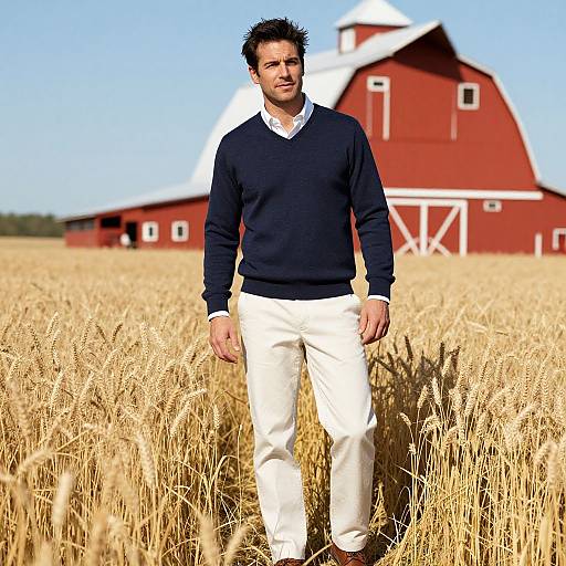 Man in Wheat Field by Red Barn