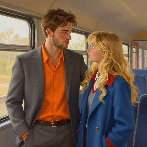 Photorealistic digital art of a handsome bearded man in a gray suit and orange shirt standing close to a blonde woman in a blue coat inside a