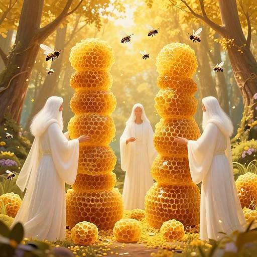 Digital artwork of four ethereal, white-robed figures standing around towering honeycombs in a sunlit, enchanted forest with buzzing bees.