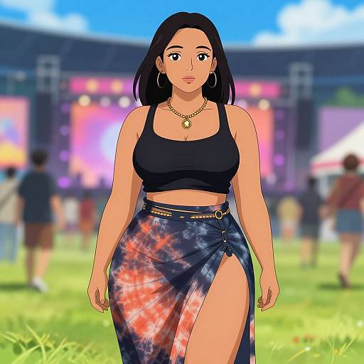 Digital anime-style drawing of a curvy woman with black hair, wearing a black crop top, star-patterned skirt with a side slit, gold necklace