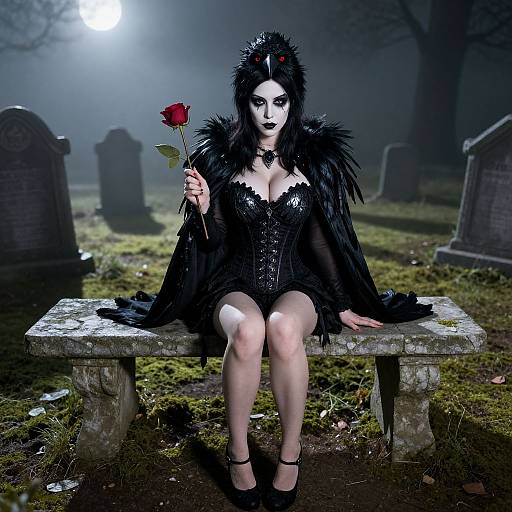 Gothic woman with pale skin, black lace corset, feathered cape, holding red rose, seated on mossy grave bench, moonlit