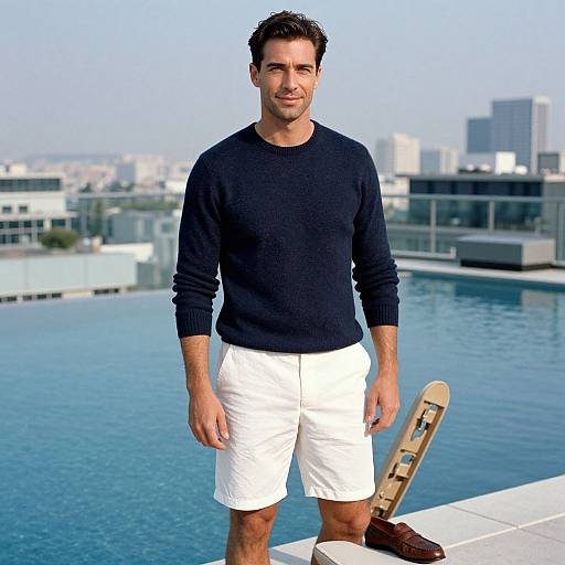 Photograph of a fit, smiling man with short brown hair, wearing a black sweater and white shorts, standing by a rooftop pool with a skateboard and