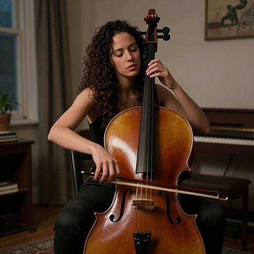 Photograph of a curly-haired woman with light brown skin playing a wooden cello in a dimly lit room with a piano and window in the background