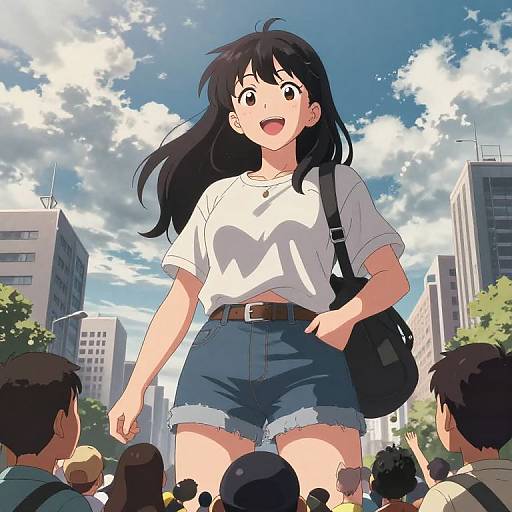 Anime-style digital drawing of a cheerful, black-haired girl in a white t-shirt and blue denim shorts, standing amid a crowd in a sunny urban setting