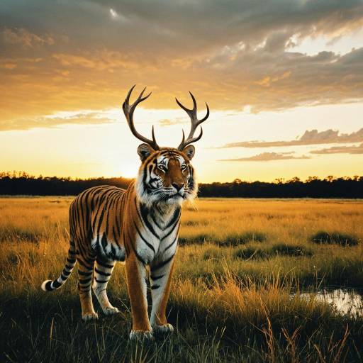 Tiger with Antlers at Sunset in Meadow