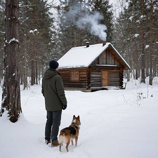 Photograph of a man in a green winter coat and black hat, standing in snow with a German Shepherd, facing a wooden cabin emitting smoke, surrounded
