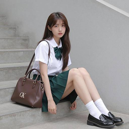 Young Woman in School Uniform Sitting on Concrete Steps
