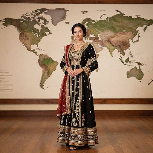 Photograph of a South Asian woman in a black traditional Punjabi suit with gold embroidery, standing in front of a world map in an art gallery with