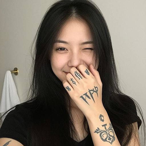 Photograph of an Asian woman with long black hair, winking, covering her mouth with her hand, showing black tattoos on fingers and wrist, wearing