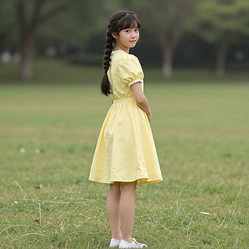Photograph of an Asian girl with long black braided hair, wearing a yellow dress and white shoes, standing on a grassy field with trees in