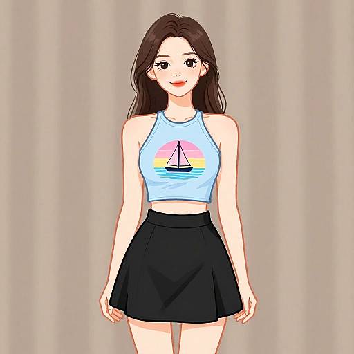 Digital anime-style drawing of a smiling young woman with long brown hair, wearing a blue crop top with a sailboat design and a black skirt, against